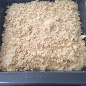 Sprinkle the refrigerated chunky crumbs evenly onto the surface of the cake batter